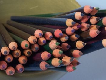 High angle view of multi colored pencils on table