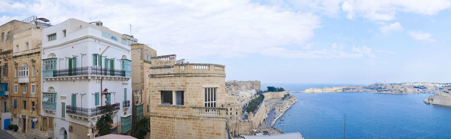 High angle view of buildings against cloudy sky