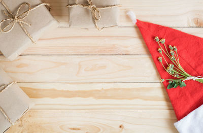 High angle view of christmas decorations on table