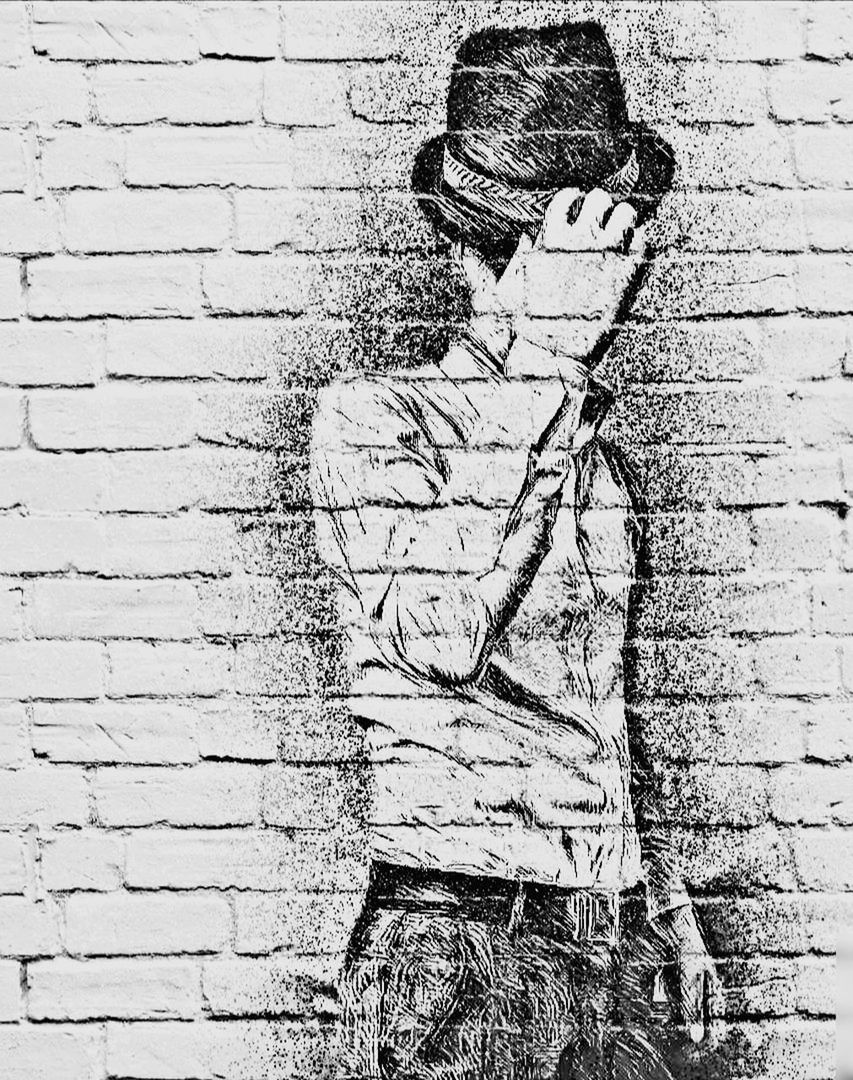 cartoon, wall - building feature, one person, black and white, sketch, drawing, wall, brick wall, monochrome photography, brick, young adult, monochrome, person, lifestyles, architecture, adult, day, casual clothing, men, outdoors