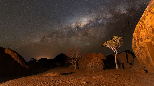 Beautiful milkyway scene over trees and rocks the desert of namibia 