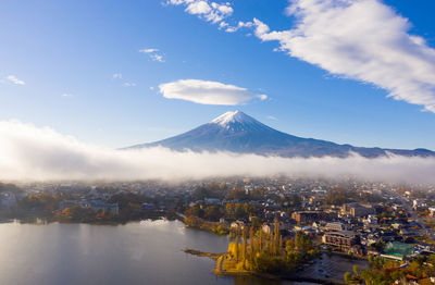 Aerial view of city against cloudy sky at kawaguchiko lake,japan