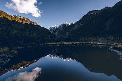 Reflection of mountains and lake against sky