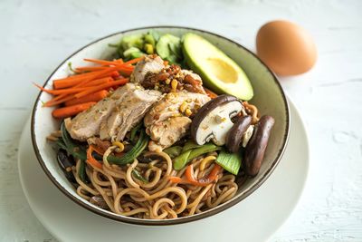 High angle view of food in bowl on table