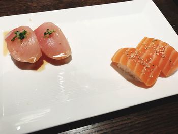 Close-up of sushi served on table