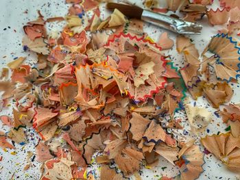 High angle view of multi colored pencil shaving on table