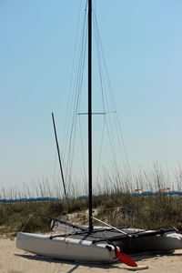 Cars on beach against clear sky