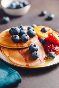 High angle view of breakfast served on table