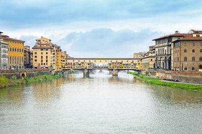 Arch bridge over river against buildings in city