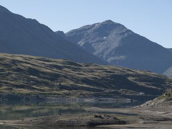 Scenic shot of snow covered mountain range against clear sky