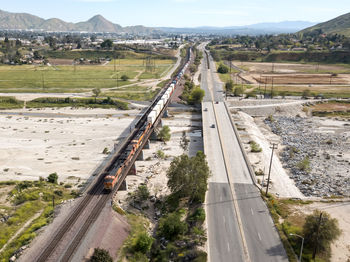 High angle view of road leading towards mountain