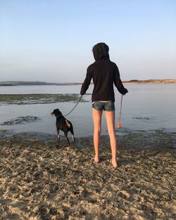 Full length rear view of woman with dog at beach against clear sky