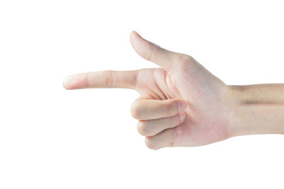 Close-up of human hand against white background