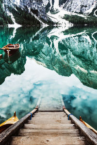 High angle view of pier on lake