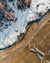 High angle view of snow covered land