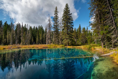 Scenic view of turquoise blue little crater lake on a sunny day