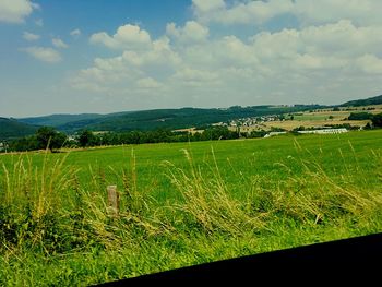 Scenic view of grassy field against cloudy sky