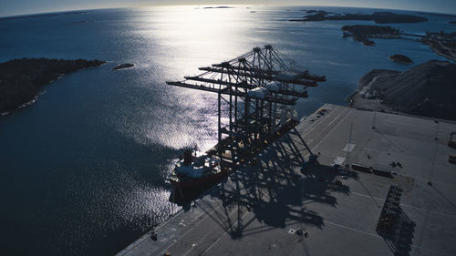 High angle view of a ship with cranes