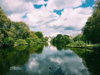 Scenic view of lake by trees against sky