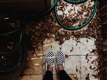 Low section of woman standing by leaves on footpath