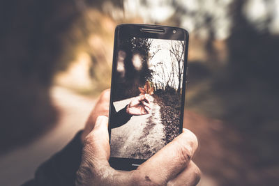 Close-up of hand holding smart phone against sky