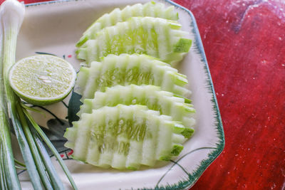 High angle view of chopped vegetables in plate