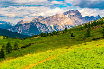 Scenic view of field and mountains against sky