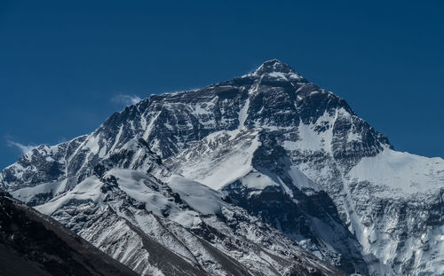 Scenic view of snowcapped mountains against clear blue sky