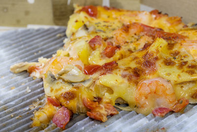 High angle view of pizza in plate on table