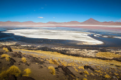 Scenic view of desert against blue sky