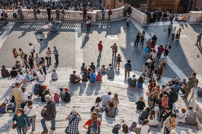 High angle view of people on steps