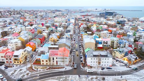 High angle view of cityscape in winter