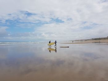 Friends holding surfboard while walking on shore at beach