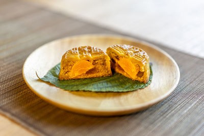 High angle view of dessert in plate on table