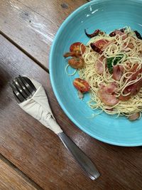 High angle view of meal served on table