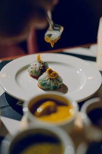 High angle view of food in plate on table