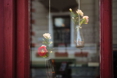 Close-up of flower vase against window