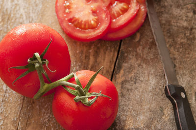 High angle view of tomatoes on table