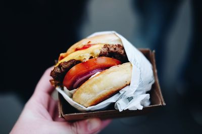 Close-up of hand holding hamburger