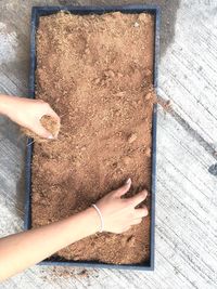 Cropped hands of woman mixing soil in crate
