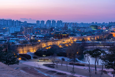 High angle view of cityscape against sky at sunset