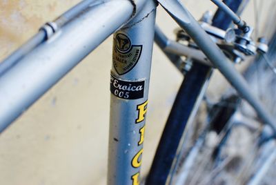 High angle view of bicycle on railing