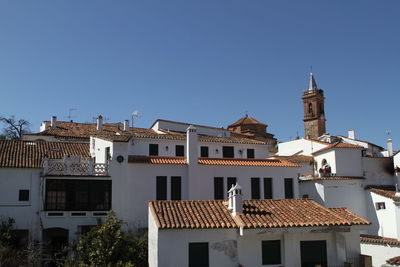 Residential buildings against clear blue sky