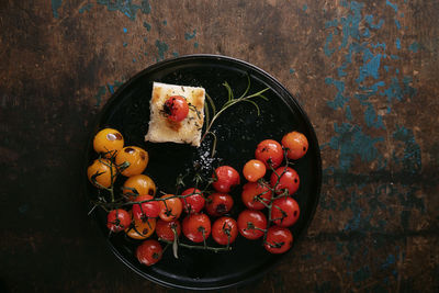 High angle view of fruits in bowl on table