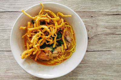 High angle view of noodles served in bowl