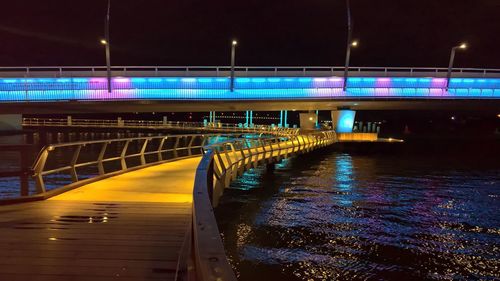 Illuminated bridge over river at night