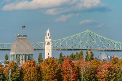 Low angle view of trees and buildings against sky