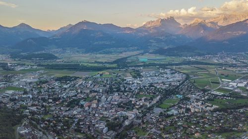 Aerial view of agricultural landscape against sky