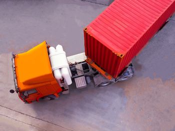 High angle view of red container ship