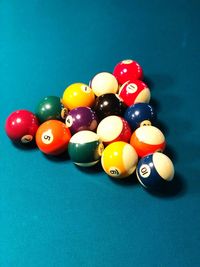 High angle view of multi colored balls on table